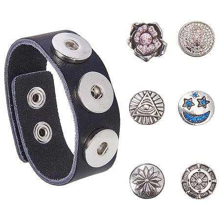 SUNNYCLUE 1 Set Black 3 Snaps Leather Bracelet Button Bangle Jewelry with 9pcs 6mm Snap Button Charms for Women Gifts, 23.5cm(9.25