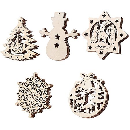 SUNNYCLUE 1 Set 25Pcs 5 Styles Wood Pendant Unfinished Wooden DIY Christmas Snowflake Snowman Tree Wooden Ornament with Hole & 10m 1mm Twine String Home Party Decoration Xmas Gift Tags for DIY Craft
