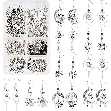 SUNNYCLUE 1 Box DIY 10 Pairs Star Moon Sun Dangle Earrings Making Kit Tibetan Bohemian Antique Silver Charms Glass Faceted Beads for Jewelry Making Kits Adults Beginner Women Accessories Instruction