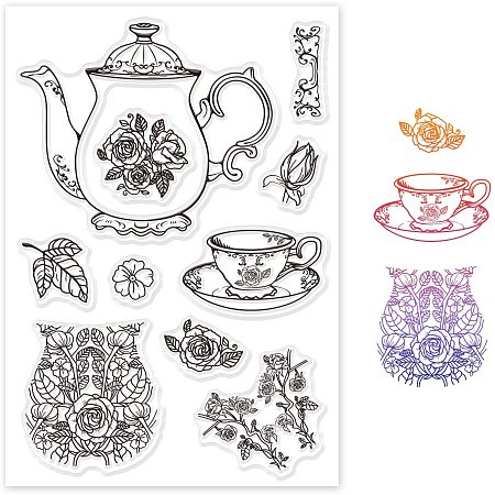 GLOBLELAND Teapot and Teacup Silicone Clear Stamps Roses Transparent Stamps for Birthday Valentine's Day Cards Making DIY Scrapbooking Photo Album Decoration Paper Craft