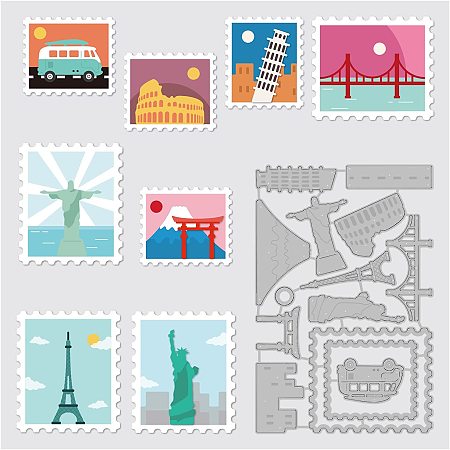 BENECREAT Attractions Pattern Embossing Dies, 6.2x4 inch Bus Statue Eiffel Tower, Leaning Tower of Pisa Balloon Die Cuts Metal Cutting Stencils for Scrapbook Card Making