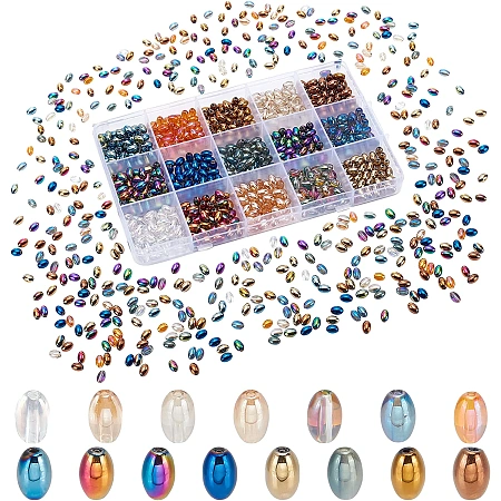 PandaHall Elite Oval Glass Beads AB Color, 1050pcs 15 Styles Electroplate Glass Loose Beads 6.5x4.5mm Opaque Clear Smooth Polished Spacer Beads for Earring Necklace Bracelet Jewelry Crafts, Hole: 1mm