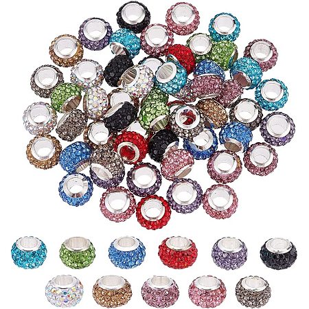 DICOSMETIC 66Pcs 11 Colors Rhinestone European Beads Polymer Clay Rhinestone Beads Large Hole Charm Beads Rondelle Spacer Beads Snake Chain Charm for Necklace Bracelet Crafts Making, Hole: 5mm