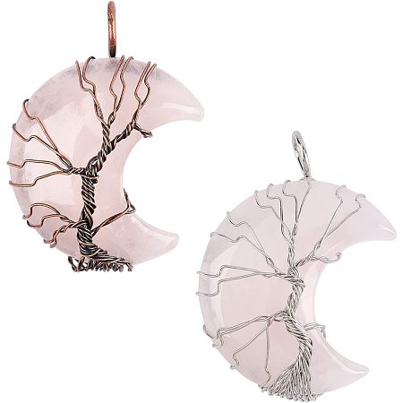 NBEADS 2 Pcs 2 Colors Gemstone Pendants, Moon Shape Natural Rose Quartz Charms Stone Pendants Wire Wrapped Moon Pendants for Necklace Jewelry Making