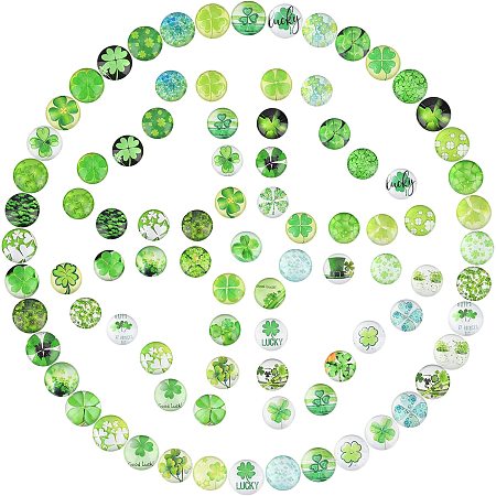 PandaHall Elite Clover Glass Cabochons, 100pcs 12mm Shamrock Four Leaf Tiles 50 Styles Spring Green Half Round Dome Cabochon Irish Mosaic Tile for Christmas St. Patrick's Day Photo Jewelry Making
