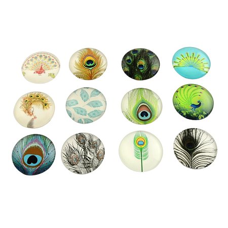 NBEADS 200PCS 12mm Random Mixed Color Feather Pattern Glass Dome Cabochons Half Round Cabochons Tiles, for Photo Pendant Craft Jewelry Making