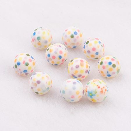 ARRICRAFT Spray Painted Resin Beads, with Polka Dot Pattern, Round, Colorful, 10mm, Hole: 2mm