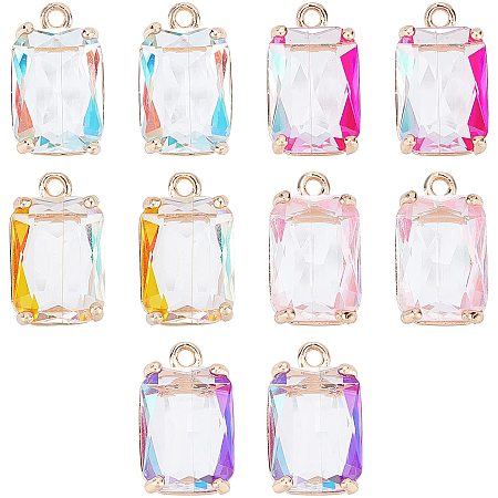 SUPERFINDINGS 10Pcs 5 Colors Faceted Crystal Charms Hanging Pendants AB Color Plated Clear Rectangle Charms Briolette Crystal Beads with Light Gold Brass Frame for Jewelry Making