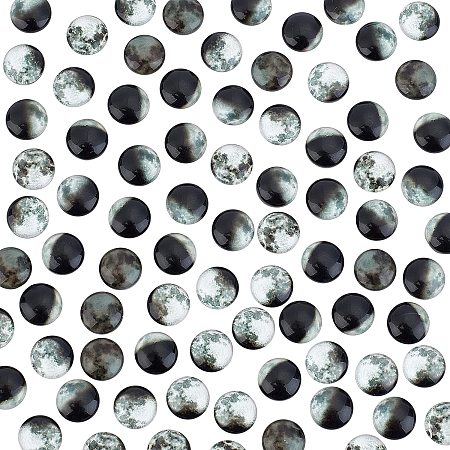 PandaHall Elite 80pcs 8 Styles Moon Cabochons, 10mm Glass Flatback Dome Cabochons Black Gray Series Tiles for Jewelry Bracelet Necklace Setting, Photo Scrapbooking Crafts