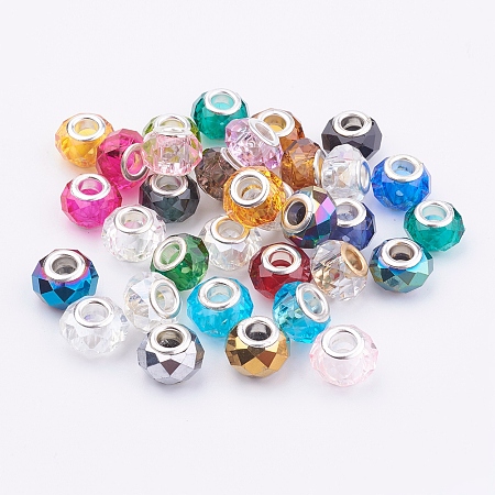 Honeyhandy Glass European Beads, Large Hole Rondelle Beads, with Silver Color Plated Brass Cores, Faceted, Mixed Color, 14x9mm, Hole: 5mm