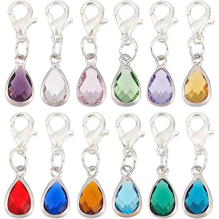 BENECREAT 12Pcs 12 Colors Teardrop Faceted Glass Zipper Pull Pendants Decoration, with Zinc Alloy Lobster Claw Clasps for DIY Jewelry Making Necklace Bracelet Keychain, 30mm