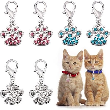CHGCRAFT 6Pcs 3 Colors 35mm Paw Pet Collar Charm Bling Rhinestone Pet Cat Dog Necklace Collar Charm Pendant with Lobster Claw Clasps for Pet Collars Keychain