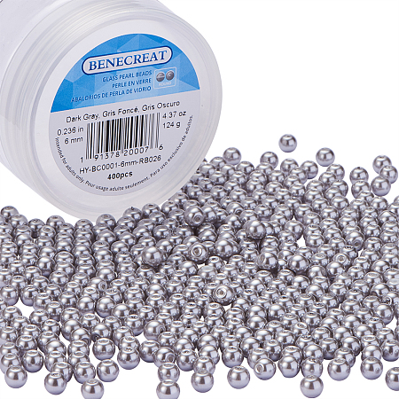 BENECREAT 400 Piece 6 mm Environmental Dyed Pearlize Glass Pearl Round Bead for Jewelry Making with Bead Container, Dark Gray