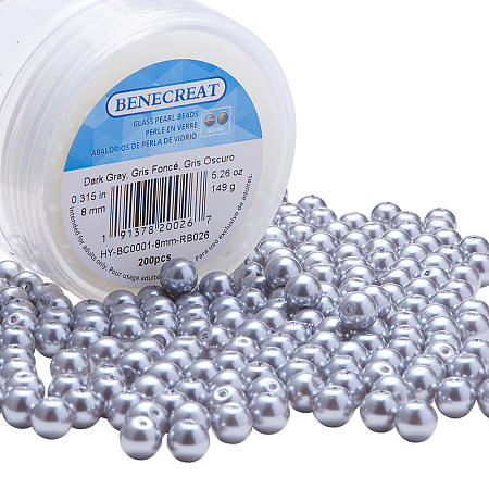 BENECREAT 200 Piece 8 mm Environmental Dyed Pearlize Glass Pearl Round Bead for Jewelry Making with Bead Container, Dark Gray
