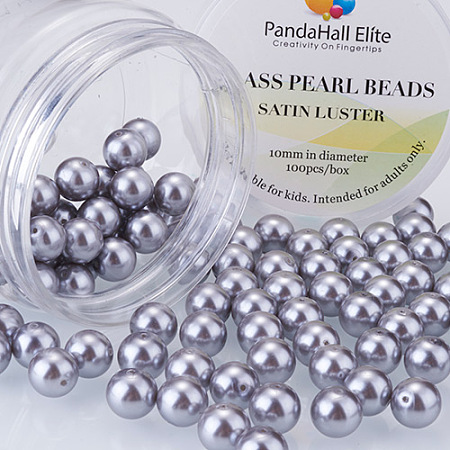 PandaHall Elite 10mm About 100Pcs Tiny Satin Luster Glass Pearl Round Beads Assortment Lot for Jewelry Making Round Box Kit Dark Gray
