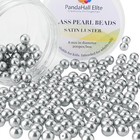 PandaHall Elite 8mm Dark Gray Glass Pearls Tiny Satin Luster Round Loose Pearl Beads for Jewelry Making, about 200pcs/box