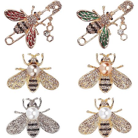 GORGECRAFT 6Pcs Bee Rhinestone Brooch Sweater Shawl Clip Honeybee Brooch Pins Crystal Insect Themed Alloy Badge with Rhinestone Plastic Pearl for Women Wife Sisters Friends Daily Wear or Dating