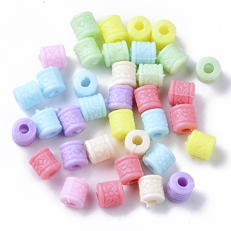 Arricraft Opaque Polystyrene(PS) Plastic Beads, Column with Flower, Mixed Color, 8x7.5mm, Hole: 3mm, about 1500pcs/500g