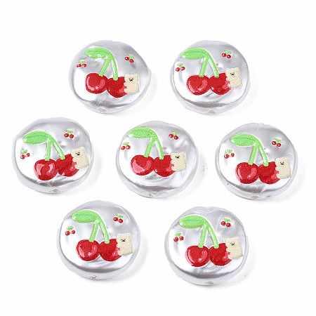 ARRICRAFT 3D Printed ABS Plastic Imitation Pearl Beads, Flat Round with Cherry, Red, 16x5mm, Hole: 0.9mm