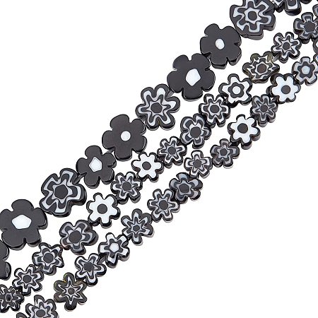 OLYCRAFT 3 Strands Flower Millefiori Glass Bead Strands Black Glass Spacer Beads Handmade Sand Faceted Loose Beads with 1mm Hole for Jewelry Craft Making 3.7~9x2.6~3.2mm 3 Style