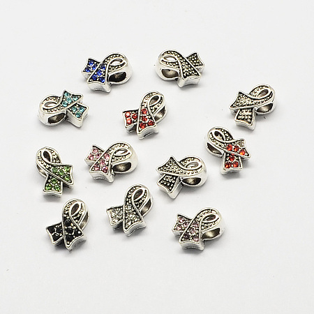 ARRICRAFT 50 Pcs Alloy Rhinestone Ribbon European Beads with Large Hole Dangle Charms Sets fit Snake Style Charm Bracelets Antique Silver