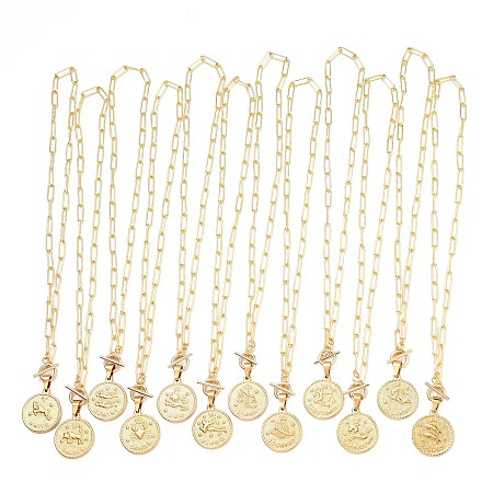 Honeyhandy Flat Round with 12 Constellation/Zodiac Sign Pendant Necklaces Sets, with Brass Paperclip Chains, 304 Stainless Steel Pendants and Toggle Clasps, Real 18K Gold Plated, 12 Constellations, 18.5 inch(47cm), 12pcs/set