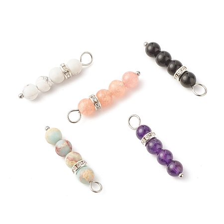 Honeyhandy Gemstone Beaded Pendants, with 304 Stainless Steel Findings & Brass Rhinestone Spacer Beads, Strip, Stainless Steel Color, 31x6mm, Hole: 4.4mm