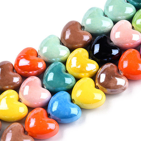 Honeyhandy Handmade Porcelain Bead Strands, Bright Glazed Porcelain, Heart, Mixed Color, 14x16x10mm, Hole: 2mm, about 23pcs/strand, 11.81 inch(30cm)