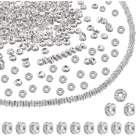 PandaHall Elite 400pcs Rhinestone Rondelle Spacer Beads, 6mm Silver Plated Brass Straight Flange Spacer Beads Crystal Grade A Beads for Jewelry Making, Hole 1mm