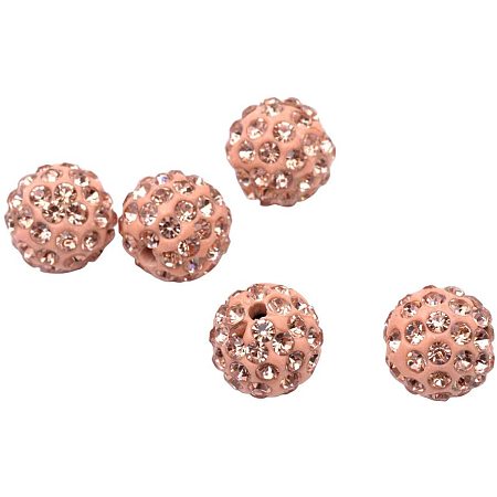 Pandahall Elite About 100 Pcs 10mm Clay Pave Disco Ball Czech Crystal Rhinestone Shamballa Beads Charm Round Spacer Bead for Jewelry Making, Light Peach