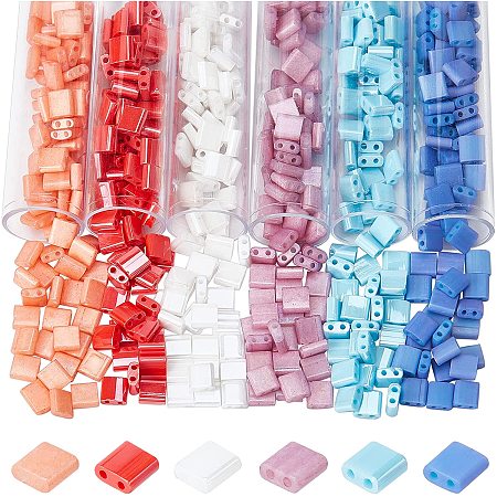 NBEADS 45g 2 Hole Square Beads, 6 Colors 2-Hole Glass Seed Beads Tila Bead Square Glass Charms for Multi-Strand Jewelry Bracelet Craft Making, 5x5x2mm