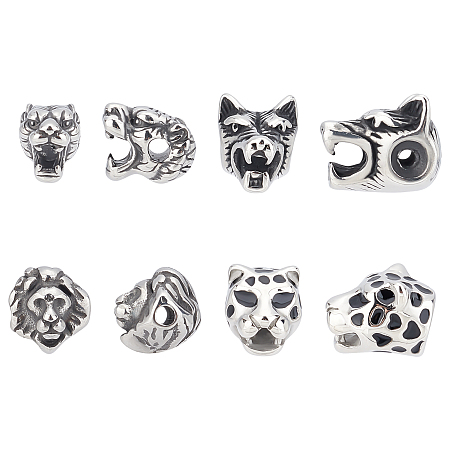 DICOSMETIC 8pcs 4 Styles Animals Head Beads Charms Tiger Wolf Leopard Lion Head Beads Antique Silver Beads European Loose Beads Stainless Steel Beads for DIY Bracelet Jewelry Making