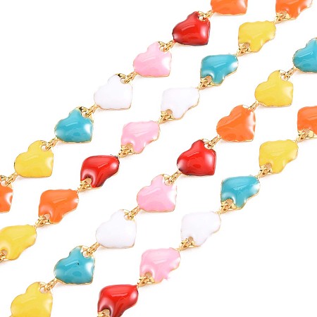 304 Stainless Steel Heart Link Chains, with Enamel, Real 18K Gold Plated, Soldered, Colorful, 10x6x1.5mm, about 3.28 Feet(1m)/Strand