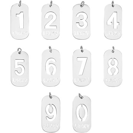 UNICRAFTALE 10pcs Stainless Steel Pendants 10 Styles Laser Cut Pendant Charms Rectangle-Shape Dangle Pendants Hollow Number Charms from 0 to 9 Pendants with Word Lucky for DIY Jewelry Making