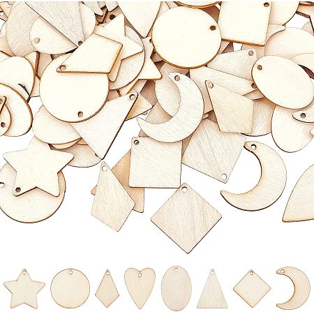 Pandahall Elite 160pcs 8 Styles Undyed Wood Pendants Natural Star Moon Shapes for Earring Necklace Jewelry DIY Craft Making Tree Ornaments Hanging Ornament Decorations