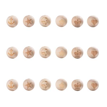 PandaHall Elite 60 Pcs 6 Styles 20mm (0.8 Inch) Natural Unfinished Wood Spacer Beads with Patterns Round Ball Wooden Loose Beads for Bracelet Pendants Crafts DIY Jewelry Making, Hole 5mm