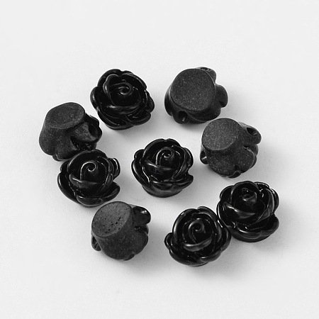 Honeyhandy Rose Flower Opaque Resin Beads, Black, 9x7mm, Hole: 1mm