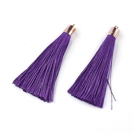 Honeyhandy Polyester Tassel Big Pendant Decorations, with Alloy Finding, Golden, Purple, 58~65x7~25mm, Hole: 1.5mm