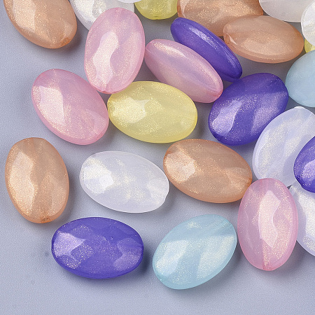 Transparent Acrylic Beads, Glitter Beads, Oval, Faceted, Mixed Color, 19x13x6mm, Hole: 1.6mm