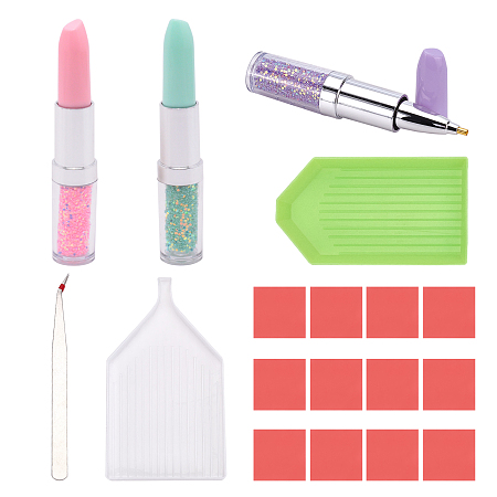 SUPERFINDINGS Lipstick Shape Plastic Nail Art Rhinestones Picker Pen, with Rhinestone Drill Point Plate and 304 Stainless Steel Beading Tweezers, Mixed Color, Pen: 101x18.5mm, head tray: 2mm, 3pcs/set