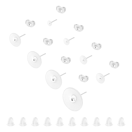 UNICRAFTALE Flat Round 304 Stainless Steel Stud Earring Findings, with 40PCS 304 Stainless Steel & Plastic Ear Nuts, Silver, Earring Findings: 3~14x0.3mm, Pin: 0.8mm; 80pcs/box