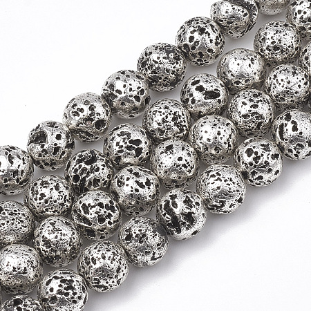 ARRICRAFT Electroplated Natural Lava Rock Beads Strands, Round, Bumpy, Dark Gray, 8~8.5mm, Hole: 1mm, about 46pcs/strand, 14.5 inches