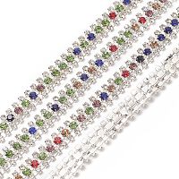 3 Rows Rhinestone Mesh Trimming, Brass Rhinestone Cup Chain, Silver, Mixed Color, 8x3mm