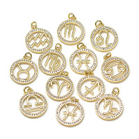 Arricraft DIY Brass Micro Pave Cubic Zirconia Pendants, Flat Round with Constellation/Zodiac Sign, Golden, Mixed, 20x17x2mm, Hole: 2.5mm