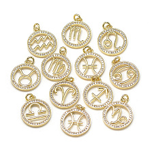 Arricraft DIY Brass Micro Pave Cubic Zirconia Pendants, Flat Round with Constellation/Zodiac Sign, Golden, Mixed, 20x17x2mm, Hole: 2.5mm