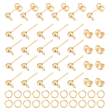 Unicraftale 100Pcs 304 Stainless Steel Ball Stud Earring Findings, with Horizontal Loops & 100Pcs Ear Nuts & 100Pcs Open Jump Rings, Golden, 15x7x4mm, Hole: 1.7mm, Pin: 0.8mm