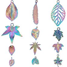 SUPERFINDINGS 24Pcs 12 Style Rainbow Color Alloy Pendants Leaf Dangle Pendant Findings Colorful Maple Leaves Pendant Charms Multicolor Tree Leaf Charm for DIY Jewelry Making, Hole: 1.2~3mm