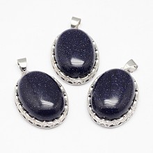 Honeyhandy Blue Goldstone Pendants, with Brass Findings, Oval, Platinum, 30x21x10~11mm, Hole: 6x4mm