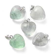 Honeyhandy Natural Fluorite Pendants, with Platinum Brass Loops, Heart, 18~19x15~15.5x7.5~10mm, Hole: 6x2.5~3mm