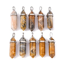 Honeyhandy Natural Crazy Agate Pendants, with Platinum Tone Brass Findings, Bullet, 39.5x12x11.5mm, Hole: 4.5x2.8mm